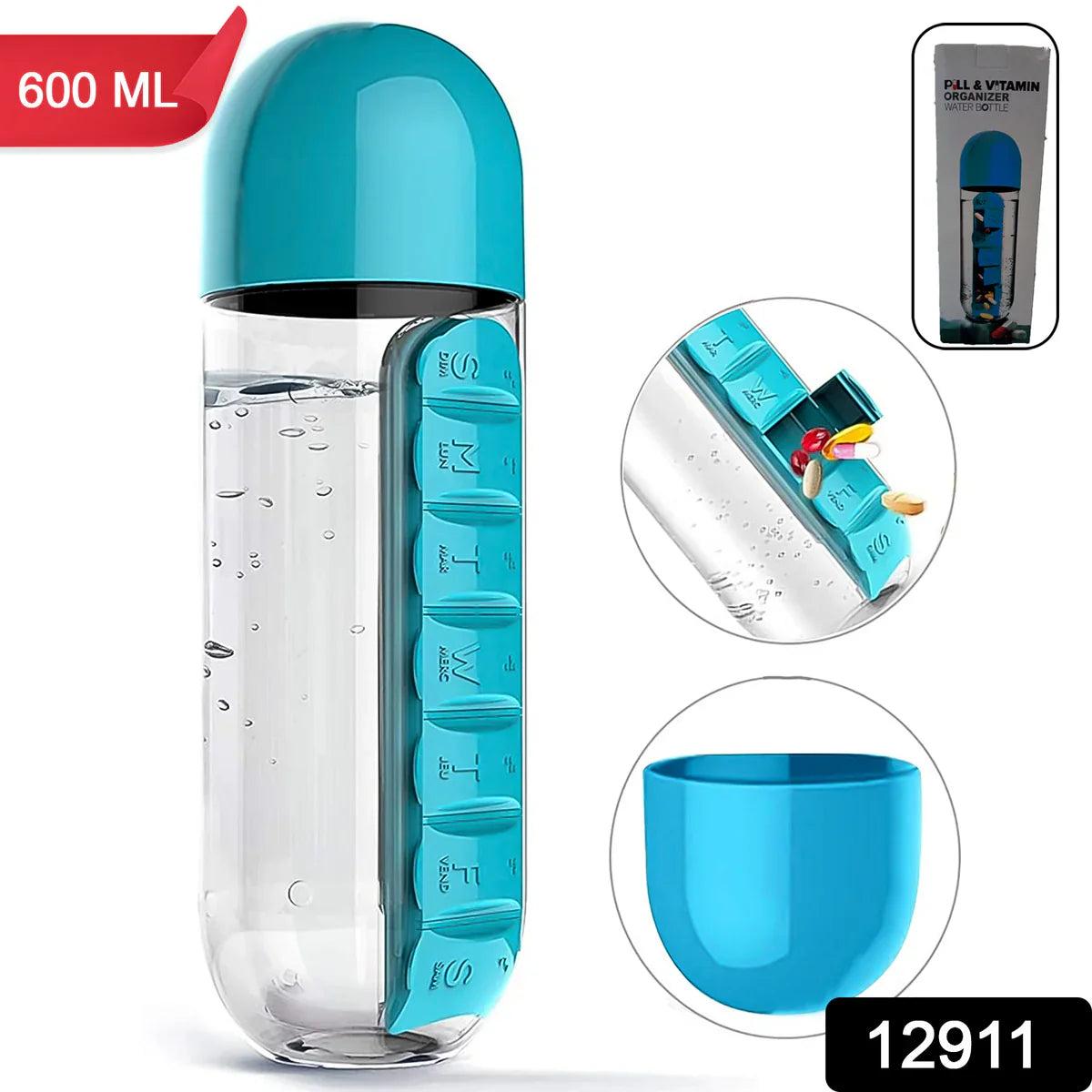 Hydra Care Pro 600ml Travel Water Bottle with Pill Organizer